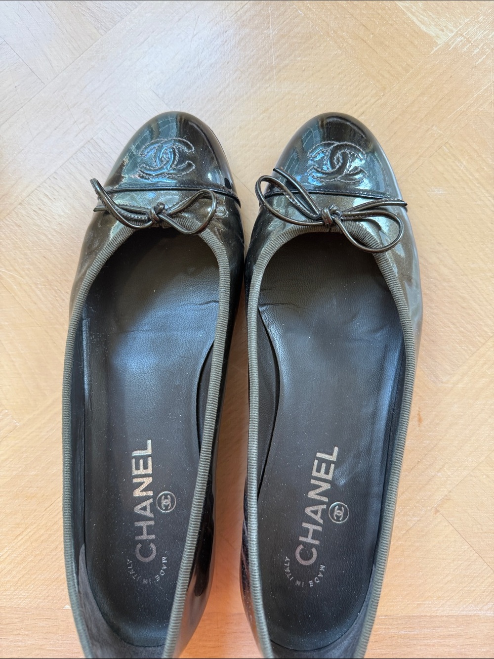 CHANEL Bronze Patent Cap-Toe Bow Ballet Flats